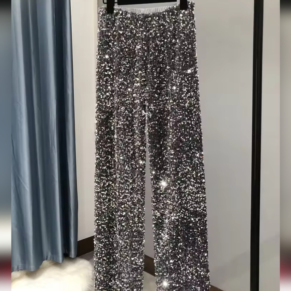 Women's Fashion Trendy Sparkling Gold Pants Relaxation of Tall Waist Wide-legged - Picture 6 of 6